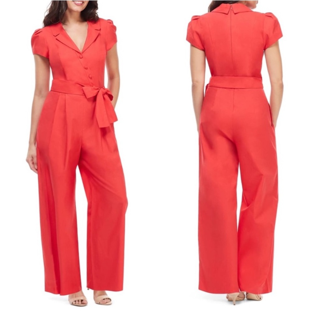 Gal Meets Glam Red Short-Sleeve Wide-Leg Cotton Jumpsuit with Tie Waist